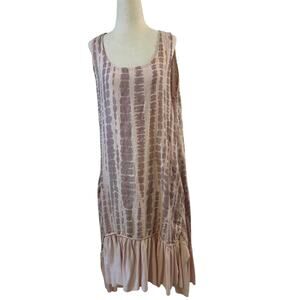 Diverse Italy 100% Linen Dress Womens Pink Tie Dye Sleeveless Ruffle Hem Medium
